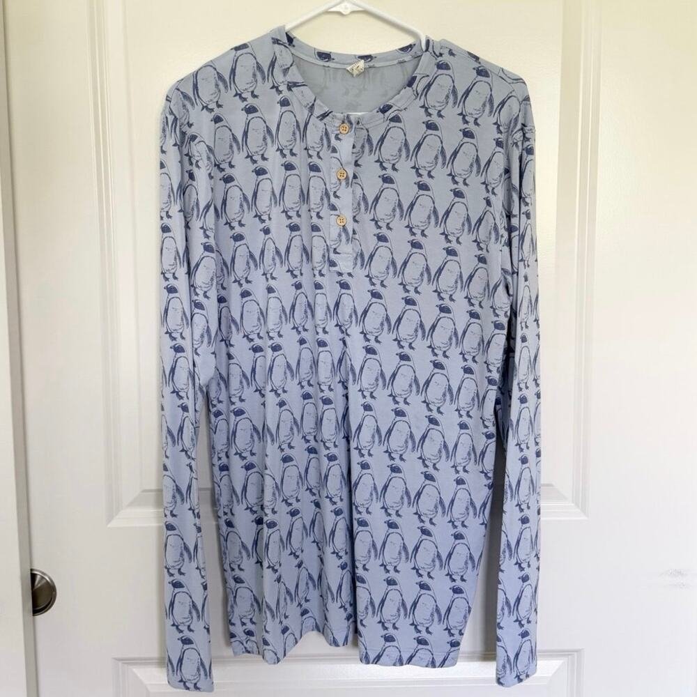 Kate Quinn Bamboo Penguin Long Sleeve Pajama Top Blue Medium